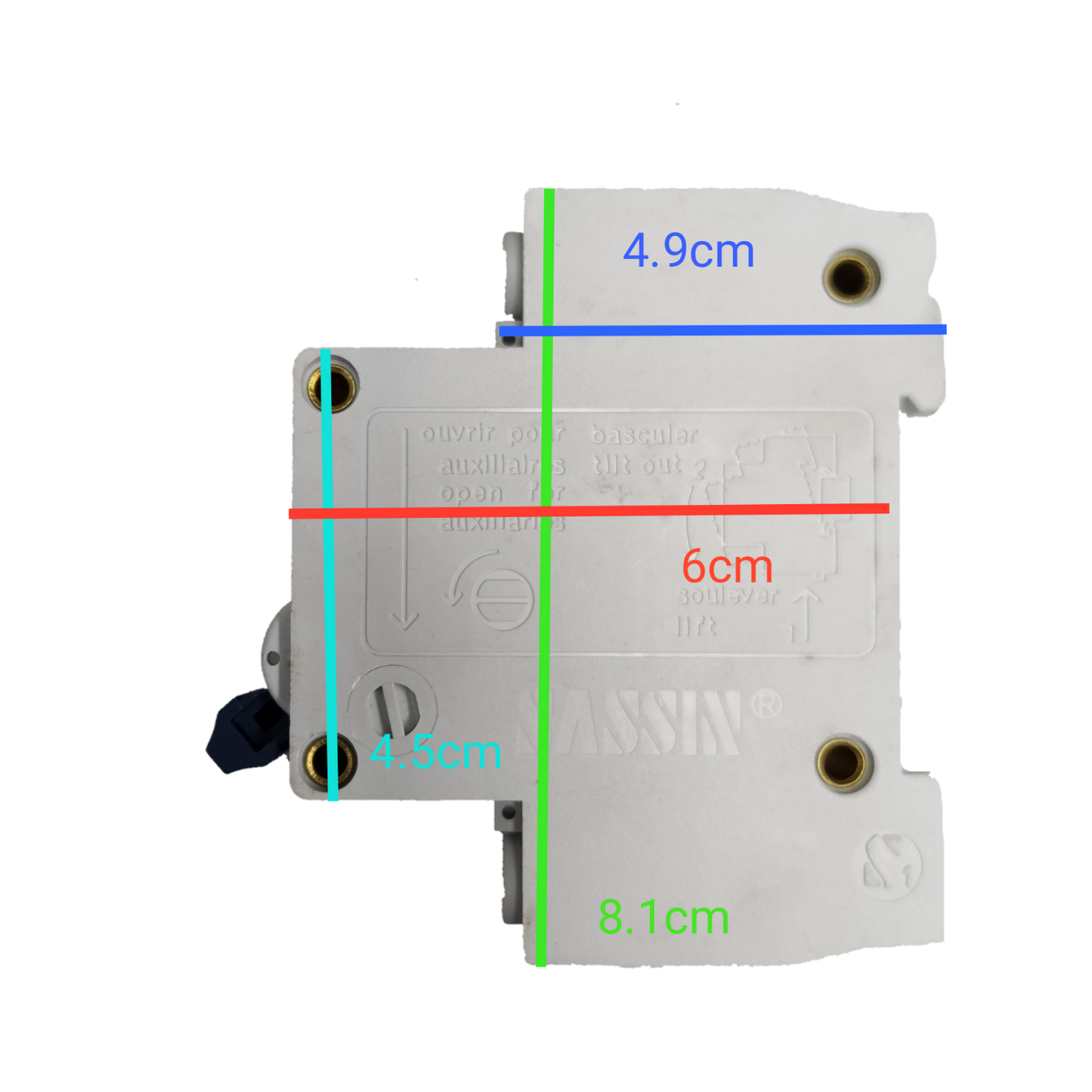 Sassin Miniature Circuit Breaker 25A 2Pole white electrical component with measured dimensions