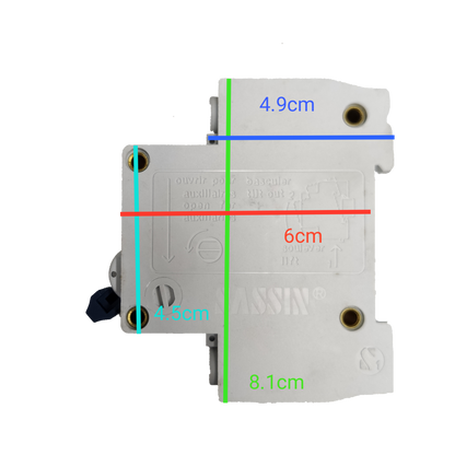 Sassin Miniature Circuit Breaker 25A 2Pole white electrical component with measured dimensions