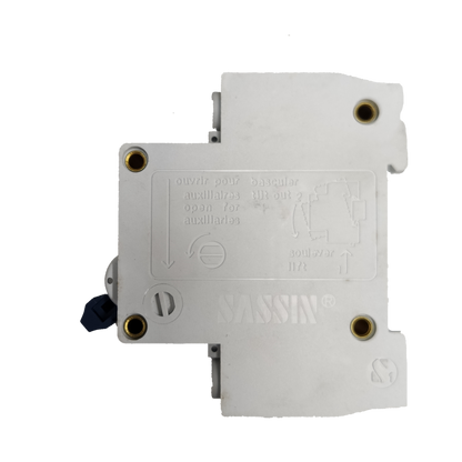 Sassin Miniature Circuit Breaker 25A 2Pole white electrical component with mounting holes