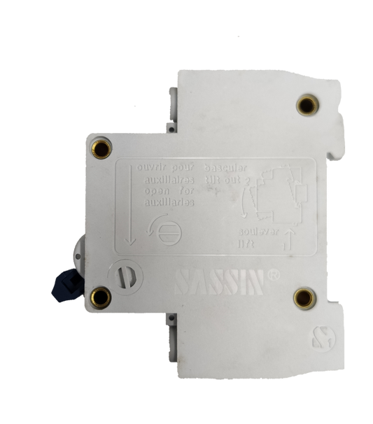 Sassin Miniature Circuit Breaker 25A 2Pole white electrical component with mounting holes