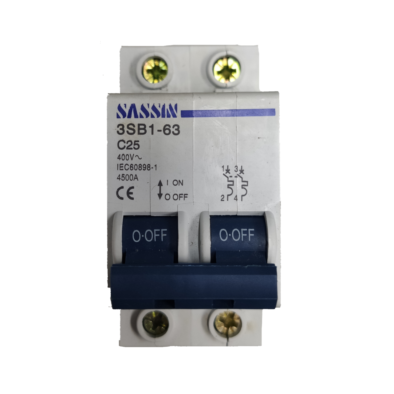 Sassin Miniature Circuit Breaker 25A 2Pole with on off switches and 400V rating
