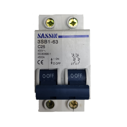 Sassin Miniature Circuit Breaker 25A 2Pole with on off switches and 400V rating
