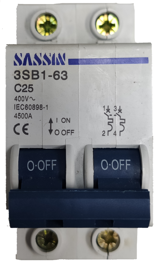 Sassin Miniature Circuit Breaker 25A 2Pole with on off switches and 400V rating