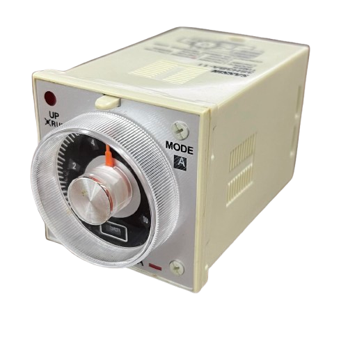 Sassin MULTI RANGE TIMER RELAY front panel with dial knob and mode switch Multi Range Timer 0-10 Sec 0-5 Sec