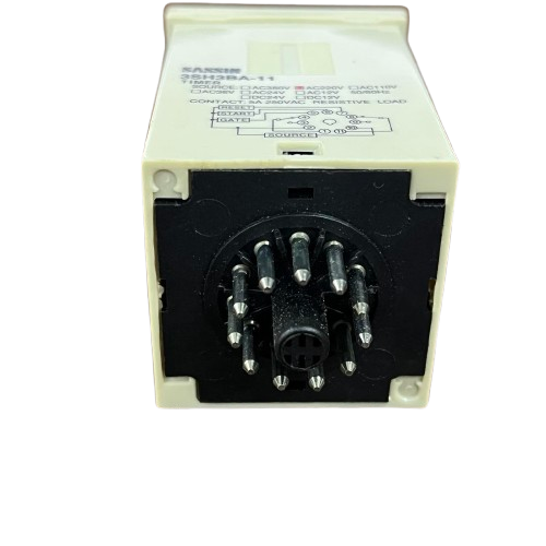 Sassin Multi Range Timer 0-10 Sec 0-5 Sec relay unit beige housing showing 8 pin circular plug terminals