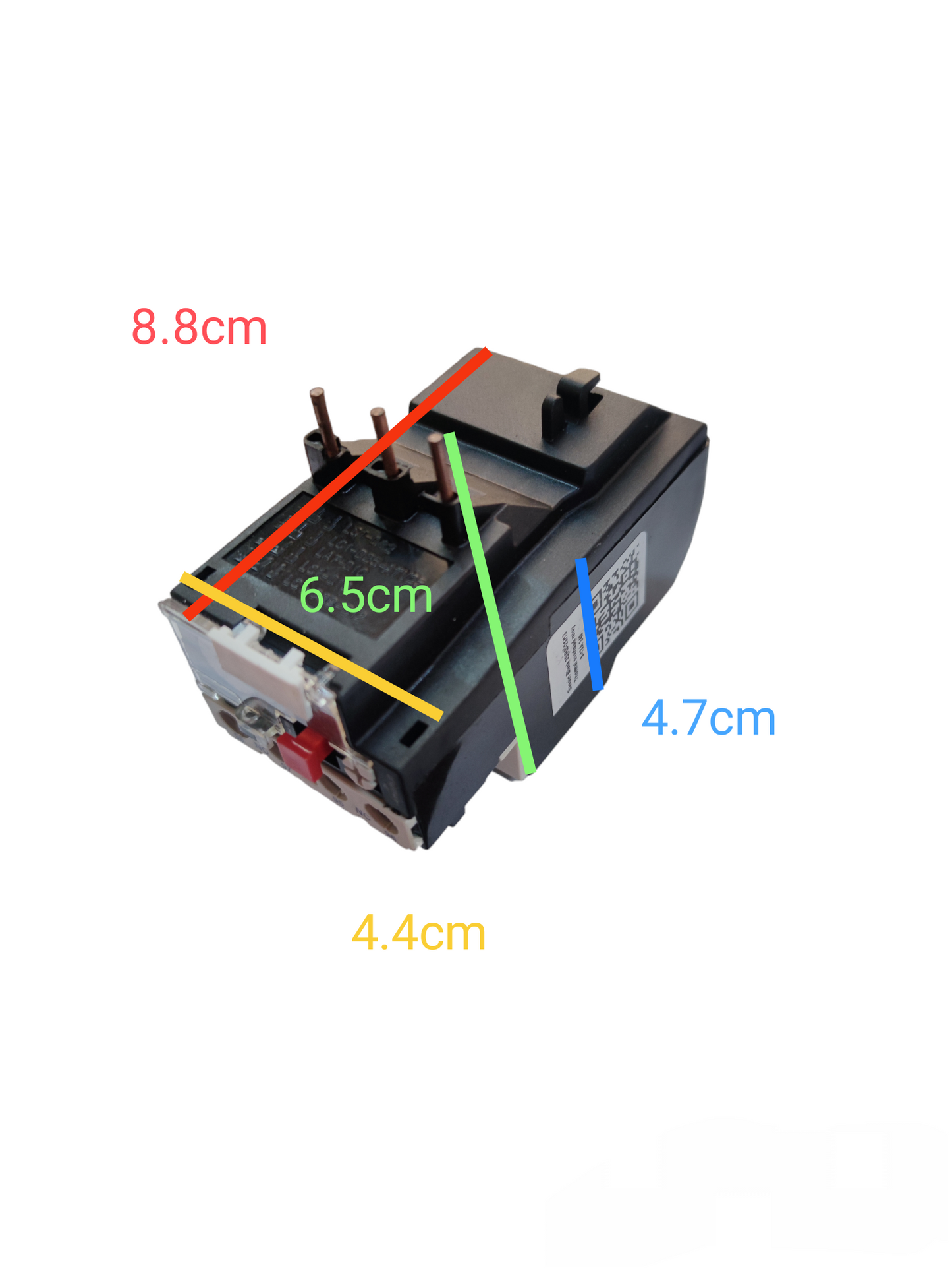 Sassin Overload Relay 9-13A electrical component with measurements shown for precise installation