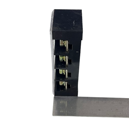 Grippes Sassin 100A 4 Pairs Terminal Block black plastic housing with brass screw terminals and ruler for scale