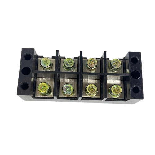 Grippes Sassin 100A 4 Pairs Terminal Block black plastic with brass screws and mounting holes for electrical connections