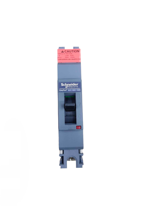 Schneider 100A 1 Pole Industrial Circuit Breaker with toggle switch and caution label