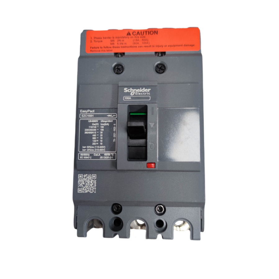 Schneider 100A 3Pole Industrial Circuit Breaker with clear labeling and safety warnings