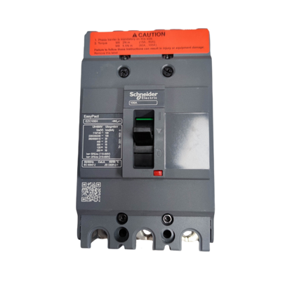 Schneider 100A 3Pole Industrial Circuit Breaker with clear labeling and safety warnings