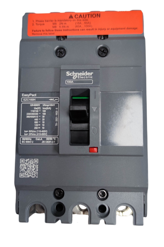 Schneider 100A 3Pole Industrial Circuit Breaker with clear labeling and safety warnings