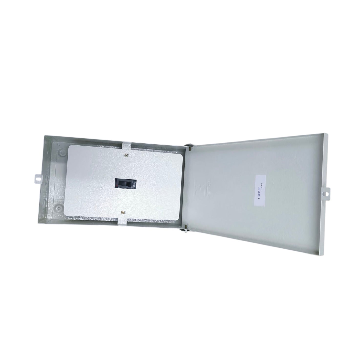 Schneider 100A MCCB outdoor breaker in a weatherproof enclosure with an opening for circuit connectivity