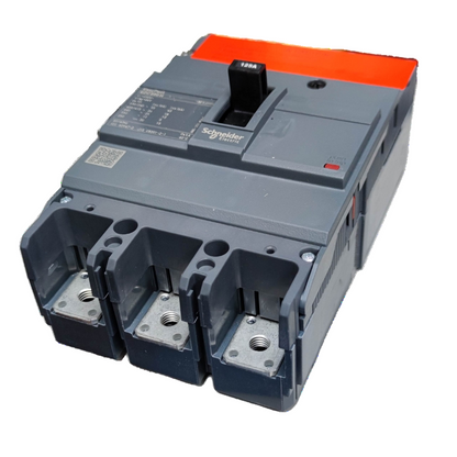 Schneider 125A 3 Pole Industrial Circuit Breaker with gray housing and black switch lever