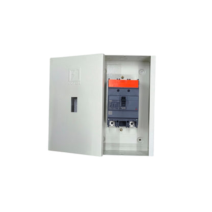 Schneider 125A MCCB circuit breaker housed in a protective gray enclosure for electrical safety