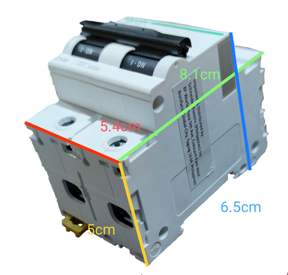 Schneider 125A Miniature Circuit Breaker 2 Pole in white with on off switch and dimensional markings