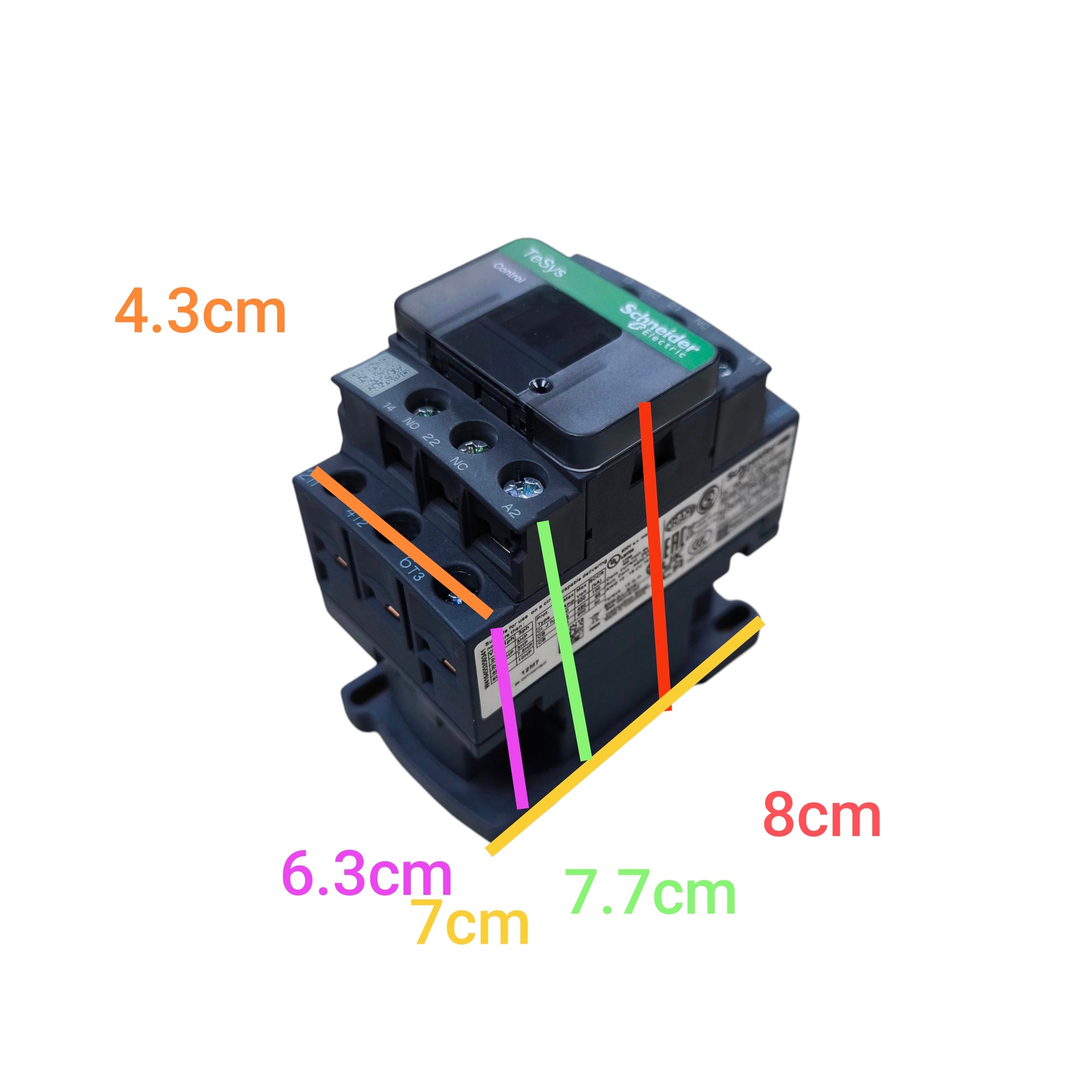 Schneider 12A Magnetic Contactor 220V - LC1D12 with clear dimensions shown for easy installation