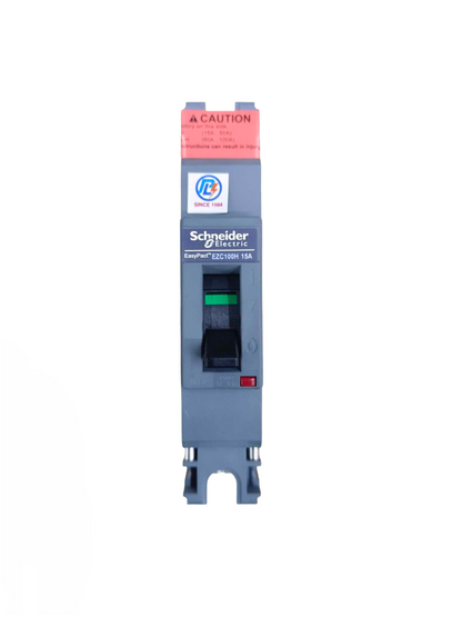 Schneider 15A 1 Pole Industrial Circuit Breaker 25KAIC with black switch and red caution label