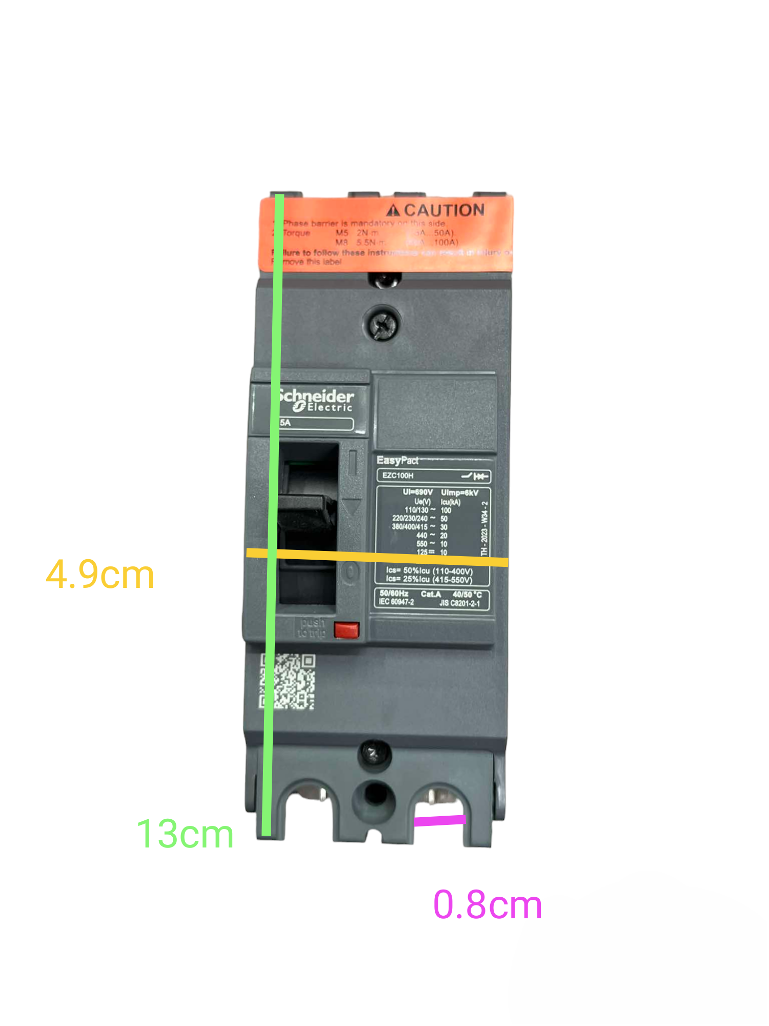 Schneider front view 15A 2P Industrial Circuit Breaker 50KAIC gray unit with orange caution label and measurement markings