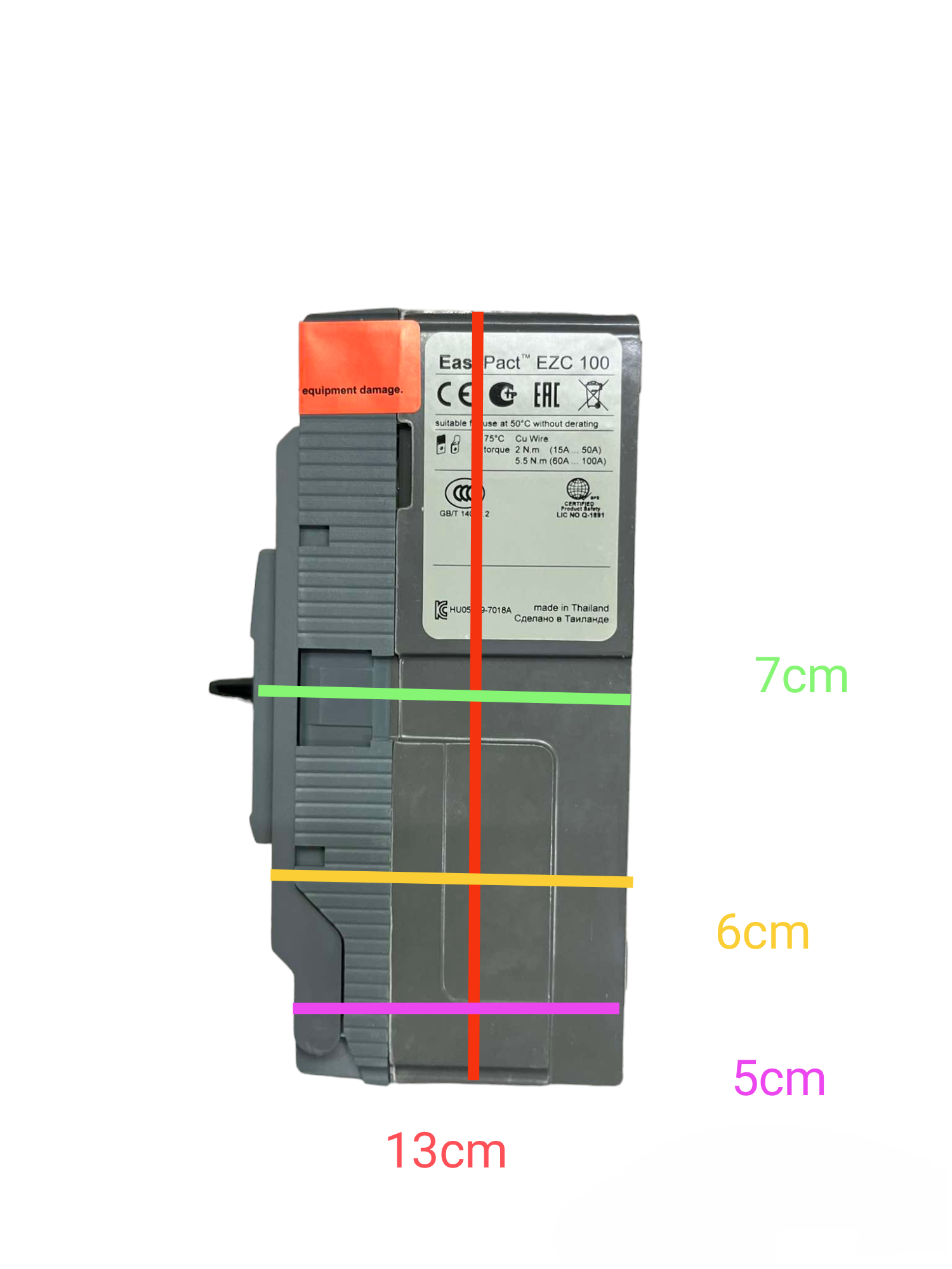 Schneider side view 15A 2P Industrial Circuit Breaker 50KAIC with orange top and labeled dimensions
