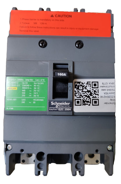 Schneider 160A 2 Pole Breaker Industrial Easy Pact electrical circuit breaker with safety labels