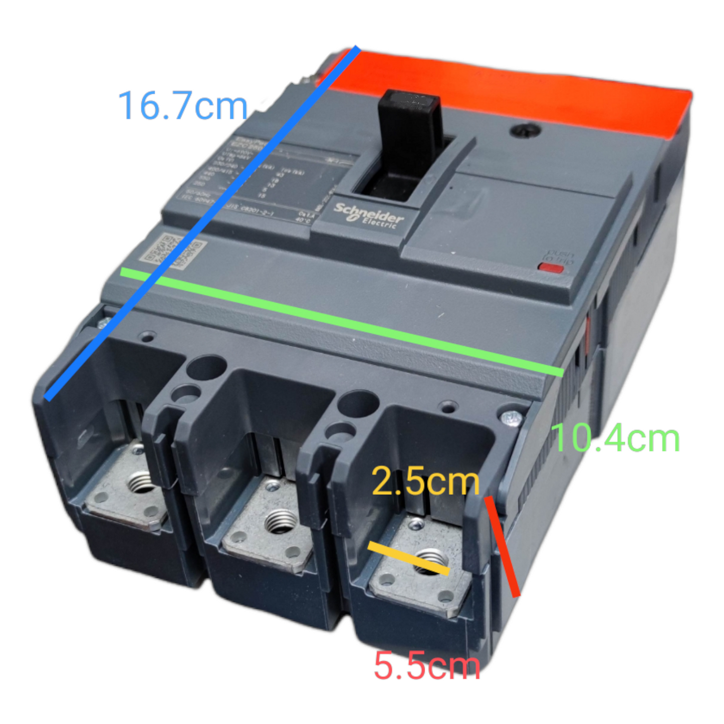 Schneider 160A 3 Pole Industrial Circuit Breaker with clear dimensions for easy installation and compatibility