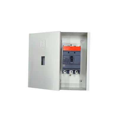 Schneider 160A MCCB circuit breaker installed in a protective enclosure for electrical safety