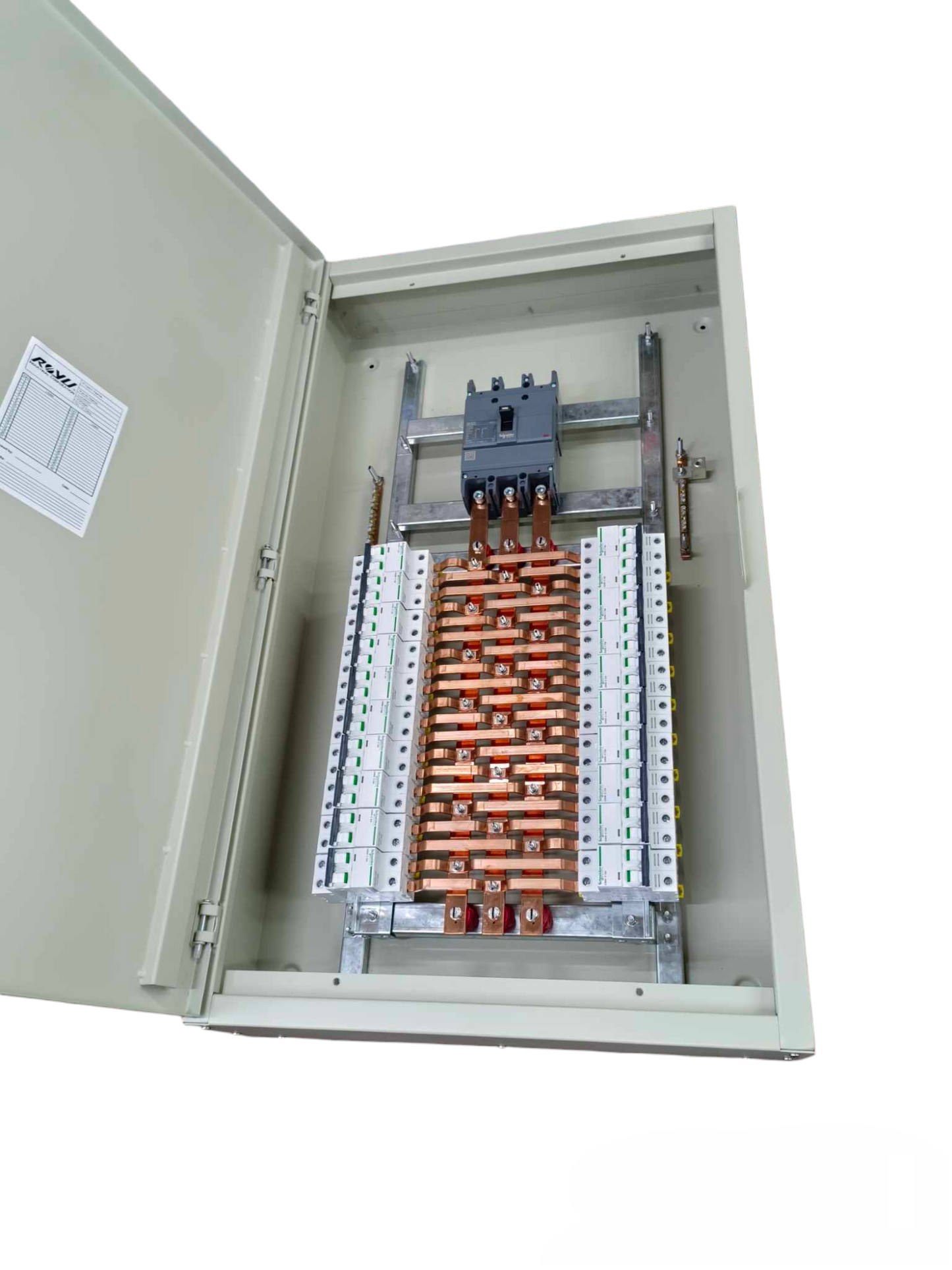 Open 160A panel board Schneider with circuit breakers and copper busbars in gray metal enclosure