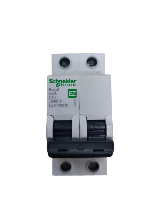 Schneider 16A 2Pole Miniature Circuit Breaker Easy9 MCB with black switch handles