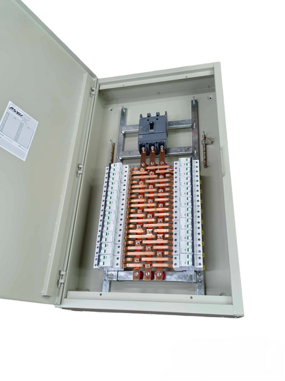 Open 200A panel board Schneider with circuit breakers and copper busbars inside electrical enclosure