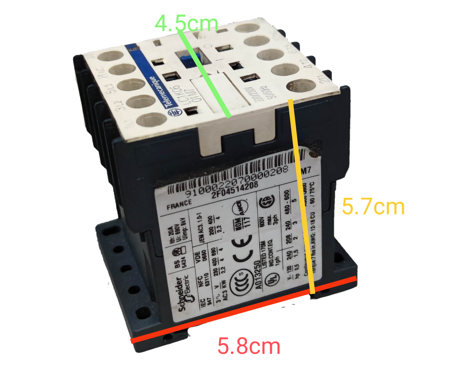 Telemecanique 20A 220V LC1K0601M7 Square D power switch with labeled dimensions and black mounting base