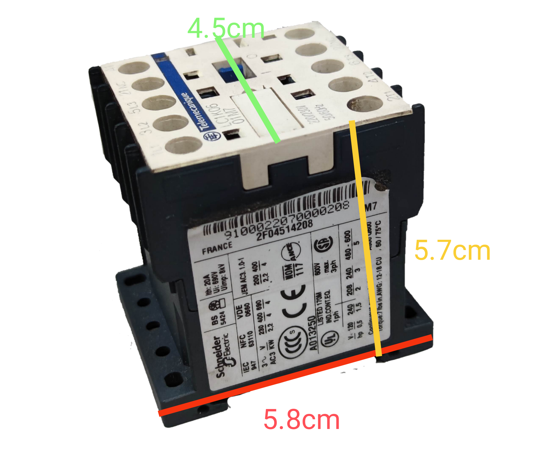 Telemecanique 20A 220V LC1K0601M7 Square D power switch with labeled dimensions and black mounting base