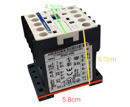 Telemecanique 20A 220V LC1K0601M7 Square D power switch with labeled dimensions and black mounting base