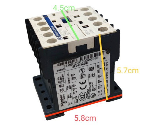 Telemecanique 20A 220V LC1K0601M7 Square D power switch with labeled dimensions and black mounting base