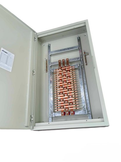 Open Schneider 225A panel board showing internal copper busbars and metal frame inside beige metal enclosure