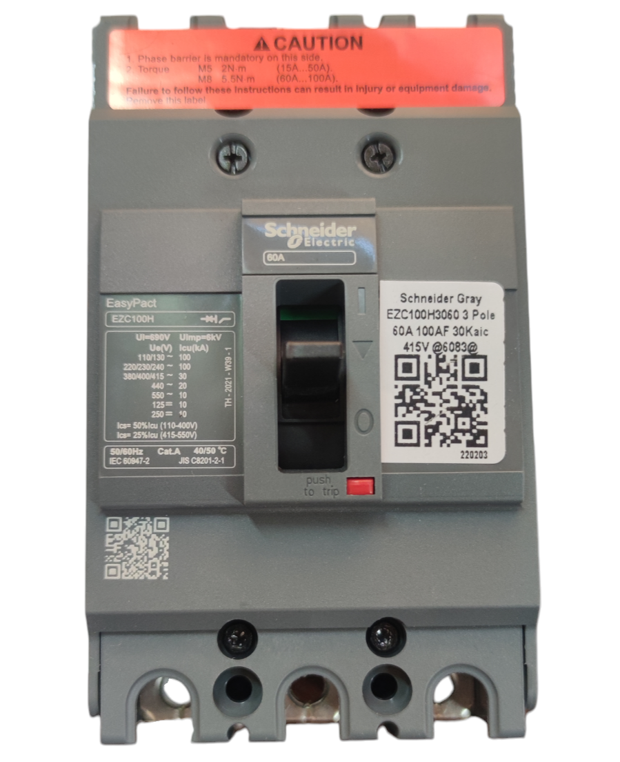 Schneider 3 pole 10KAIC circuit breaker 220V with an easy-to-use toggle switch and clear specifications