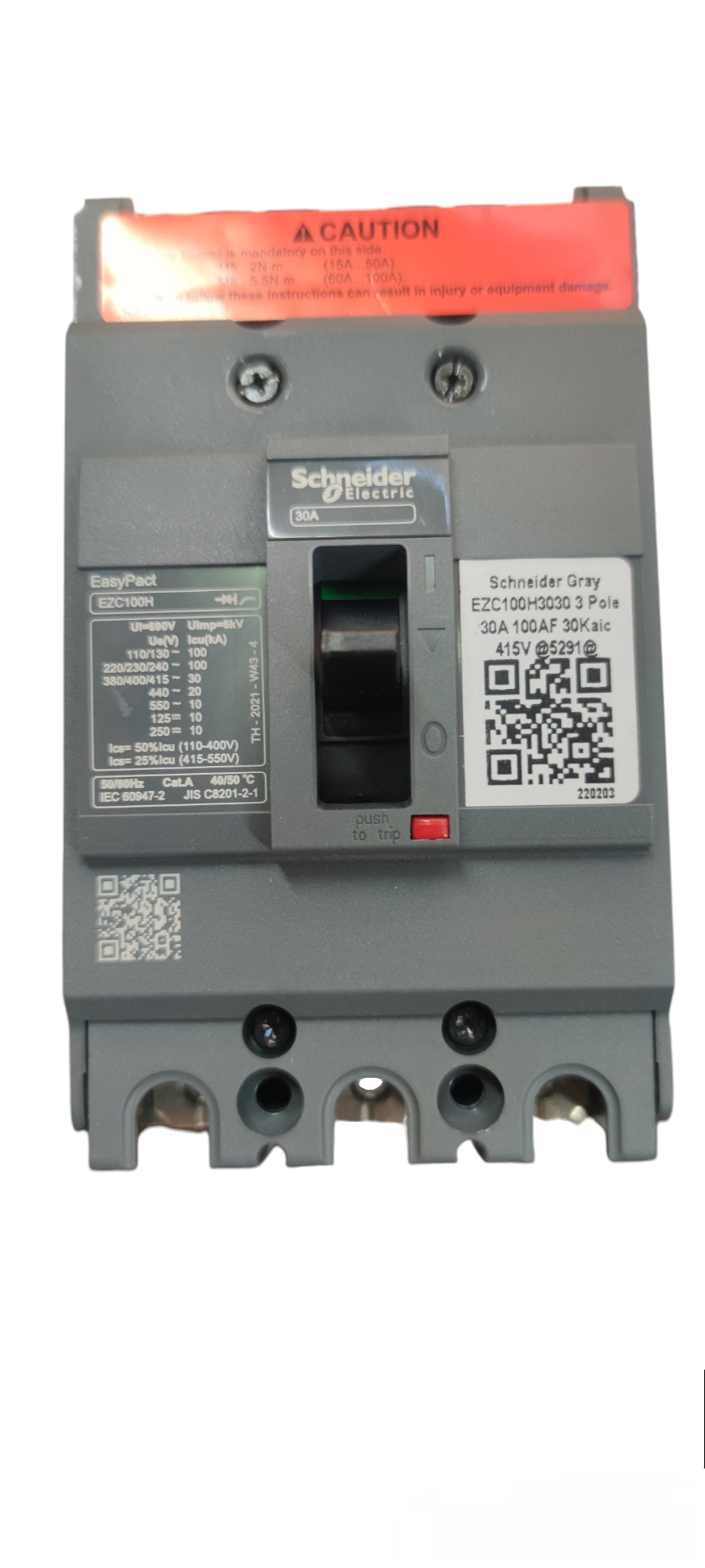 Schenider 30 amp industrial MCCB 220V with safety features and clear labeling for reliable circuit protection
