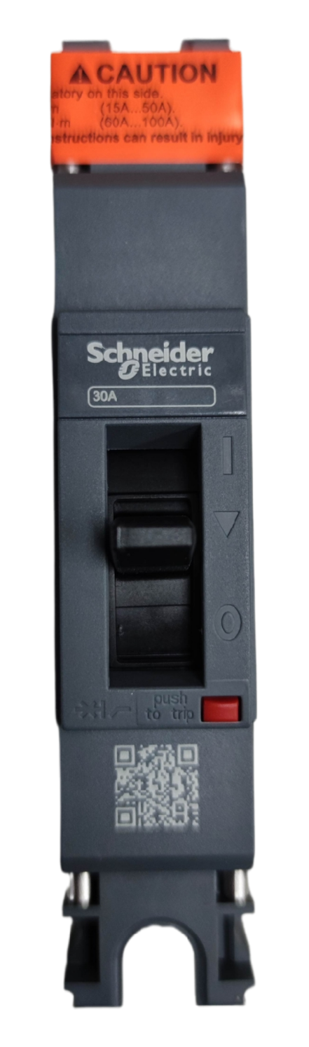Schneider 30A 1 Pole Industrial Circuit Breaker 25KAIC with black body and orange caution label
