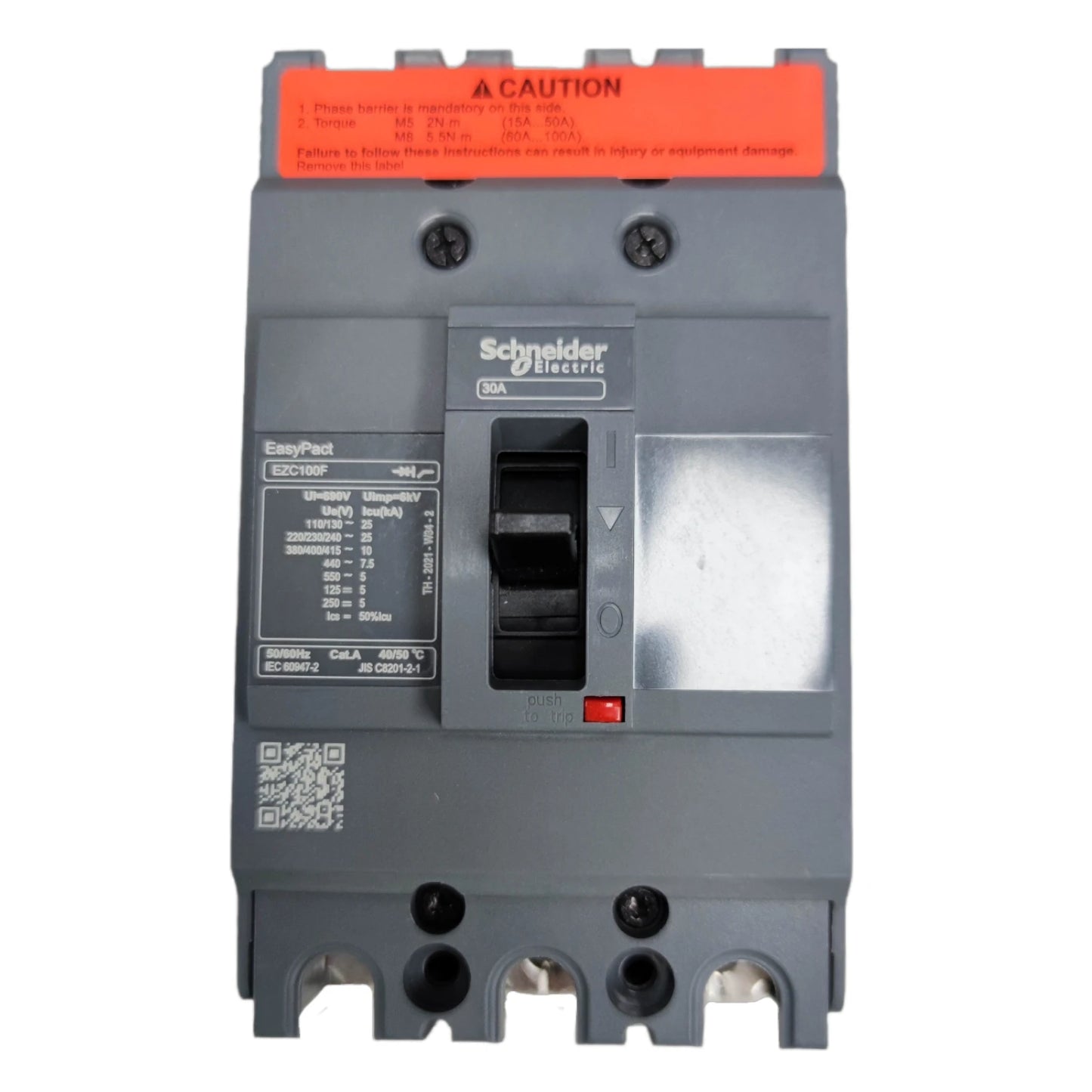 Schneider 30A 3 Pole Industrial Circuit Breaker with safety features and clear labeling