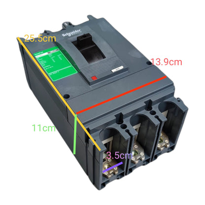 Schneider 400A 3 Pole Industrial Circuit Breaker with clear labeling and dimensions for easy installation