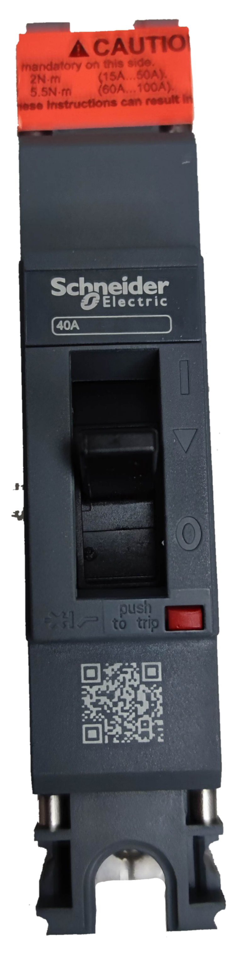 Schneider 40A 1 Pole Industrial Circuit Breaker 25KAIC with black switch and warning label