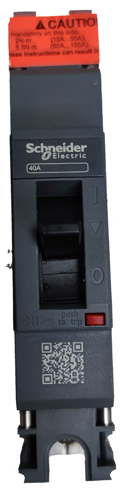 Schneider 40A 1 Pole Industrial Circuit Breaker 25KAIC with black switch and warning label
