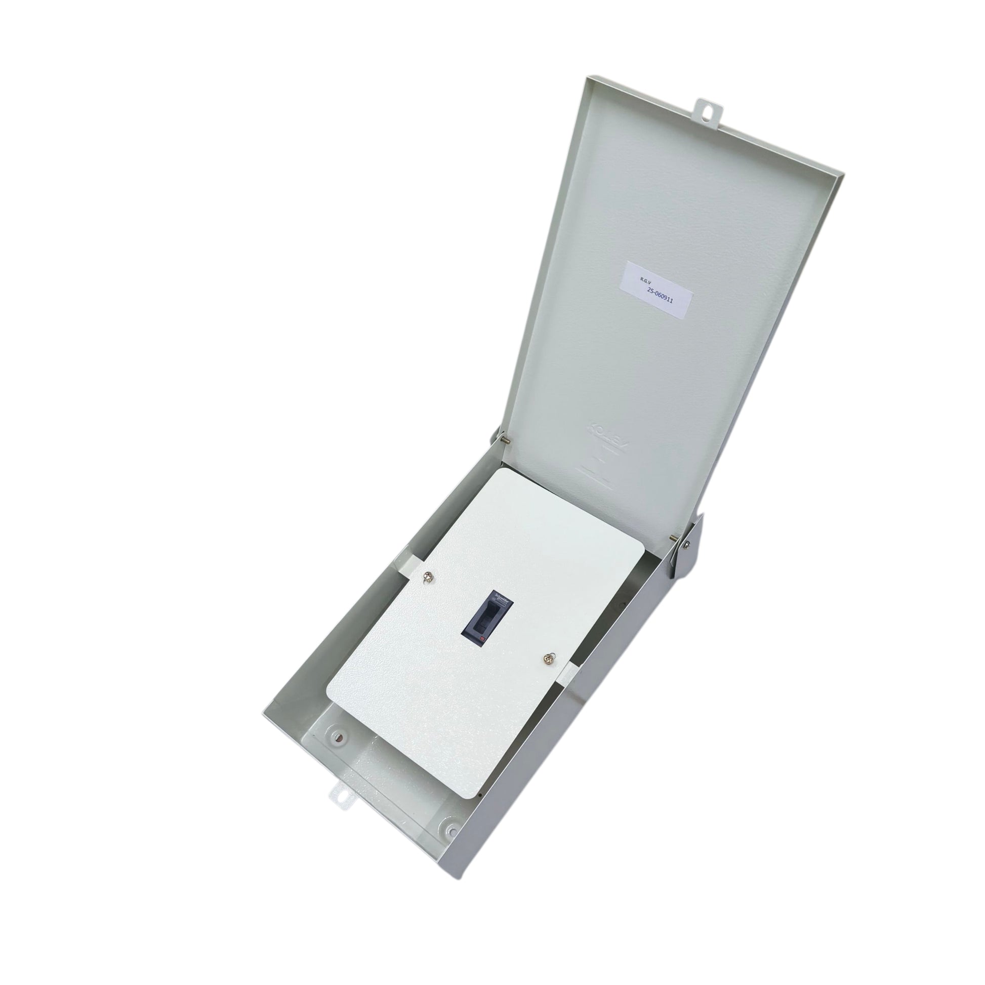 Schneider 40A 3 pole MCCB weatherproof enclosure with a hinged lid for secure electrical connections