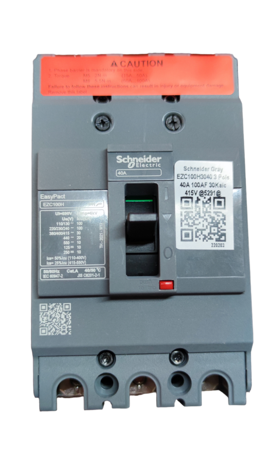 Schneider 40A 3P Industrial Circuit Breaker 10KAIC gray electrical breaker with labels and switch