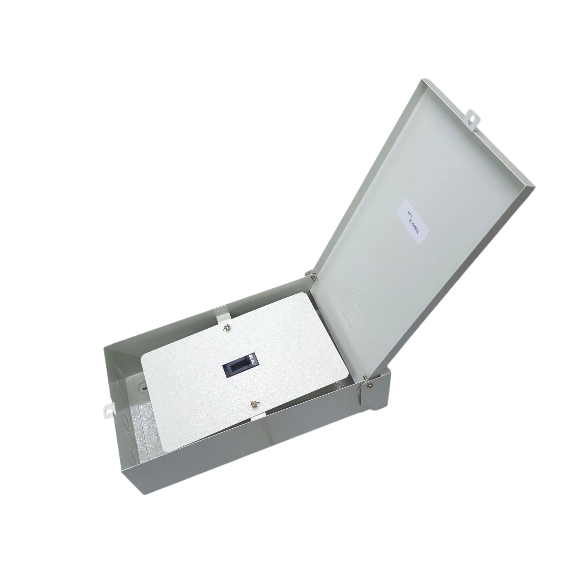 Schneider 75A industrial circuit breaker in a metal enclosure with a hinged lid open for access