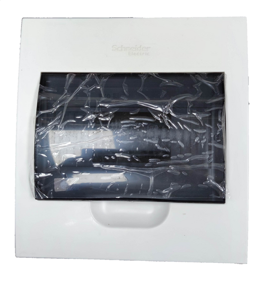 Schneider 8 Ways Distribution Panel IP40 with black cover and white casing for electrical circuitry