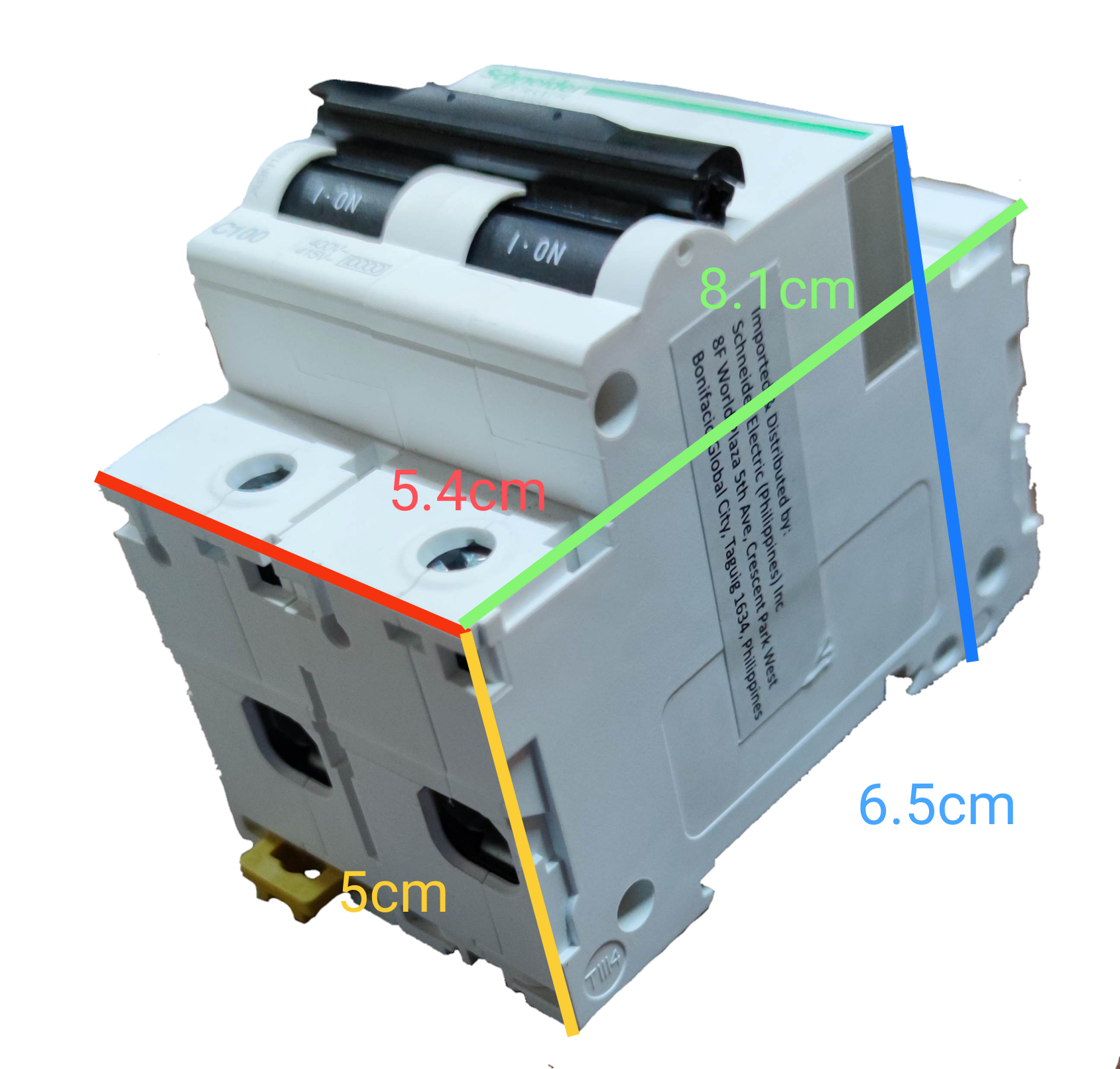 Schneider 80A 2 pole circuit breaker with white body and black toggle switches measuring compact dimensions