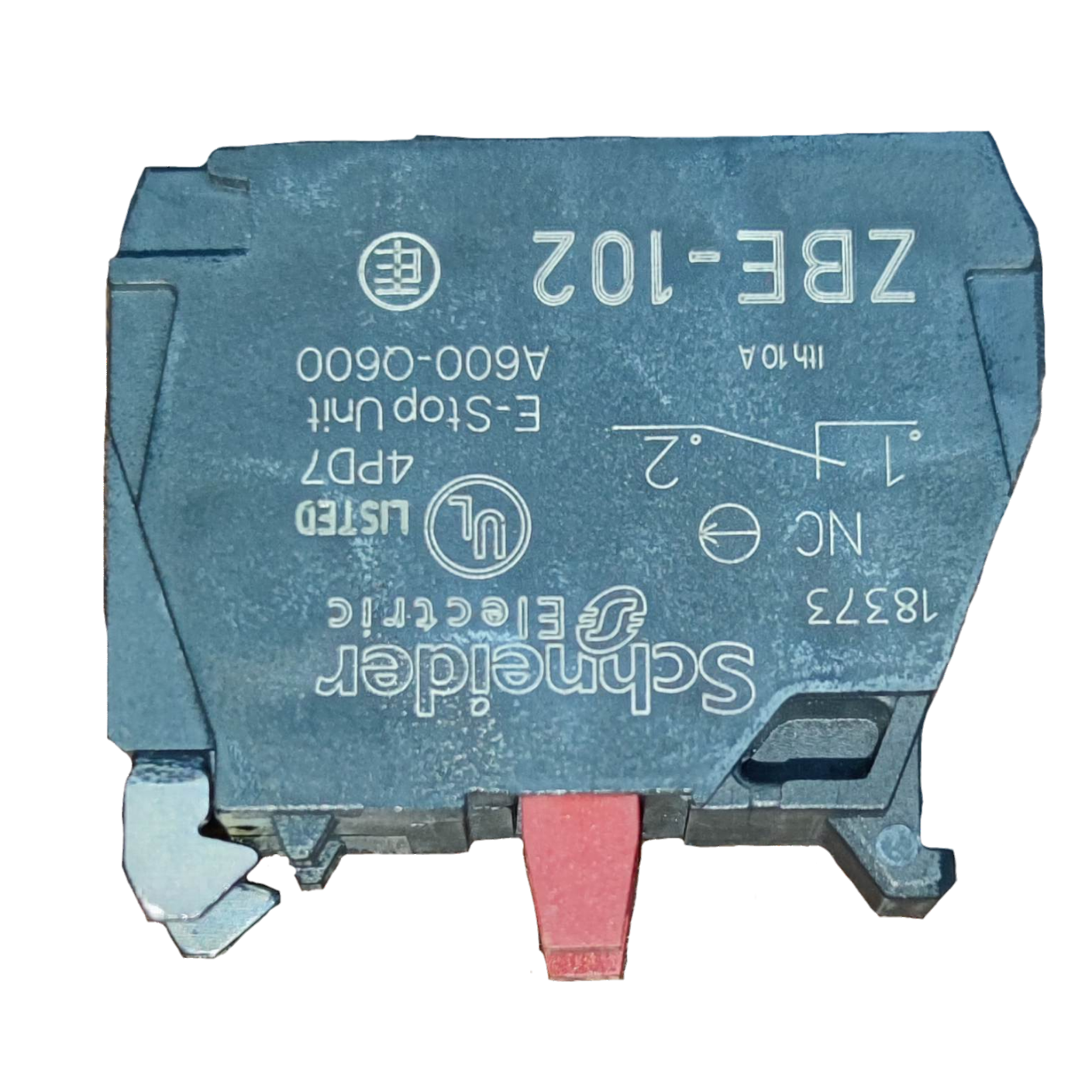 Schneider auxiliary contact block NC model ZBE-102 with red actuator and electrical specifications