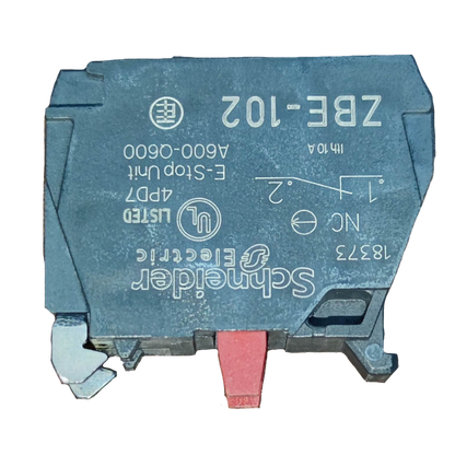 Schneider auxiliary contact block NC model ZBE-102 with red actuator and electrical specifications