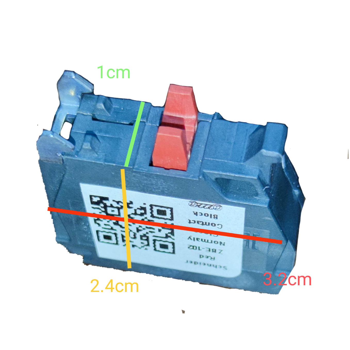 Schneider auxiliary contact block NC in black with red switch component and size dimensions